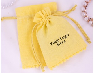  100 Yellow Bottom PomPom Cotton Drawstring Pouches For Jewelry Packaging With Brand Logo Print 