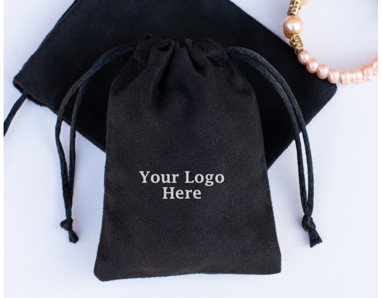 Pack Of 50 Black Suede Custom Drawstring Bag, Custom Jewelry Packaging Bag